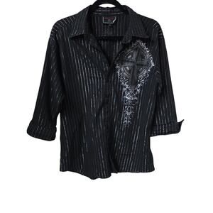 Meztizos Black Striped Button-Up Shirt with Cross Graphic Mens Size Large